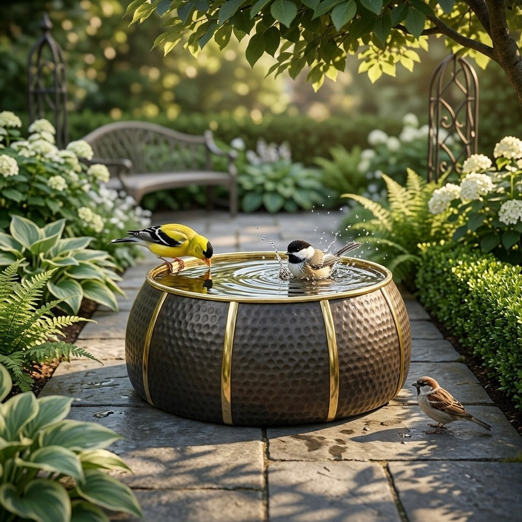 Handcrafted Moroccan Black & Gold Brass Bird Bath – Antique Hammered Garden Basin
