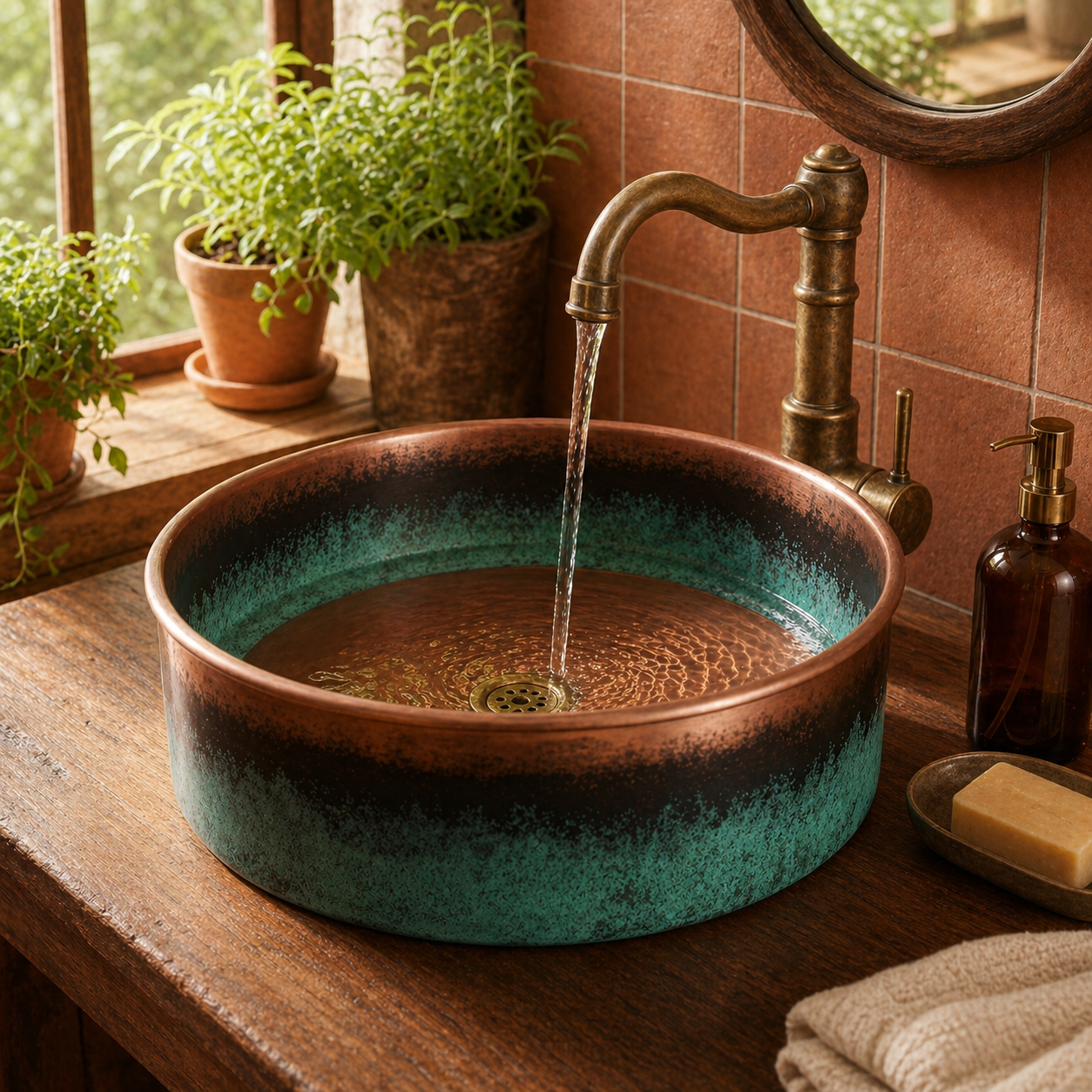 Handcrafted Verdigris Copper Vessel Sink – Authentic Moroccan Weathered Basin