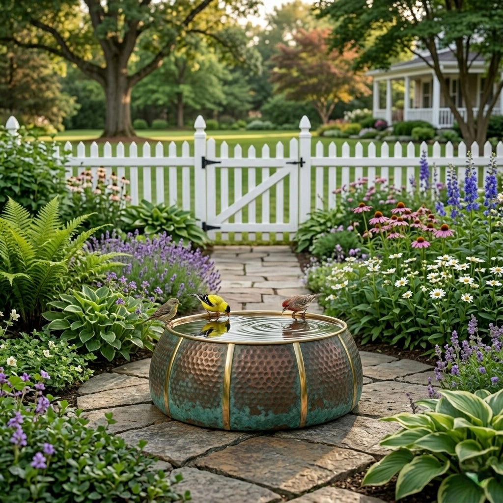 Authentic Handcrafted Moroccan Verdigris Copper Bird Bath – Hammered Round Garden Basin