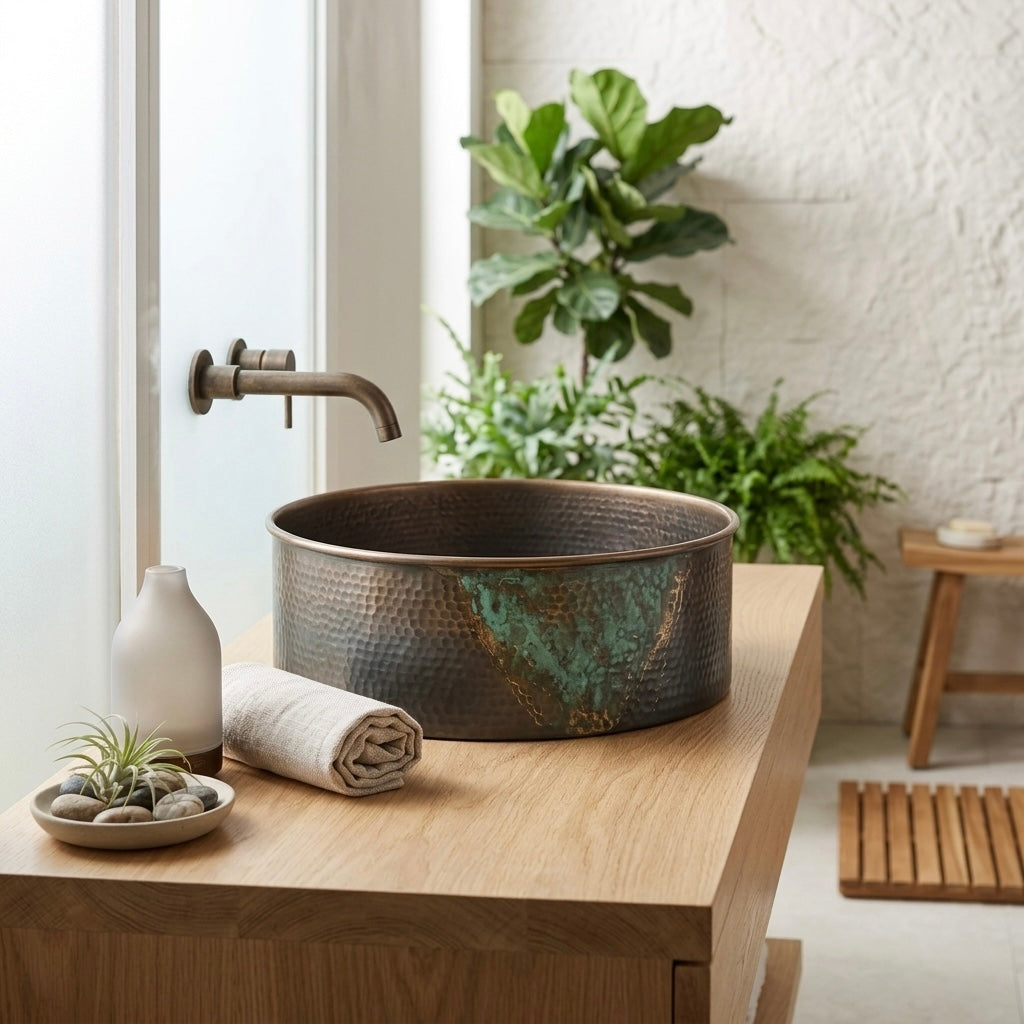 Handcrafted Verdigris Splash Brass Vessel Sink – Authentic Moroccan Antique Washbasin