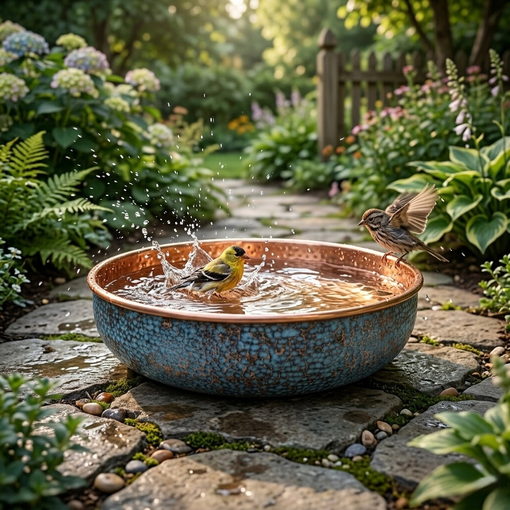 Handcrafted Hammered Copper Bird Bath – Authentic Moroccan Blue Patina Garden Basin