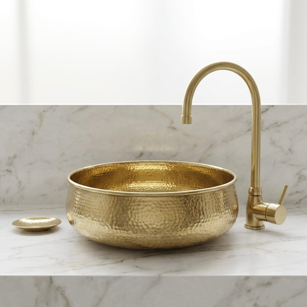 Handcrafted Hammered Brass Vessel Sink – Authentic Moroccan Polished Gold Washbasin