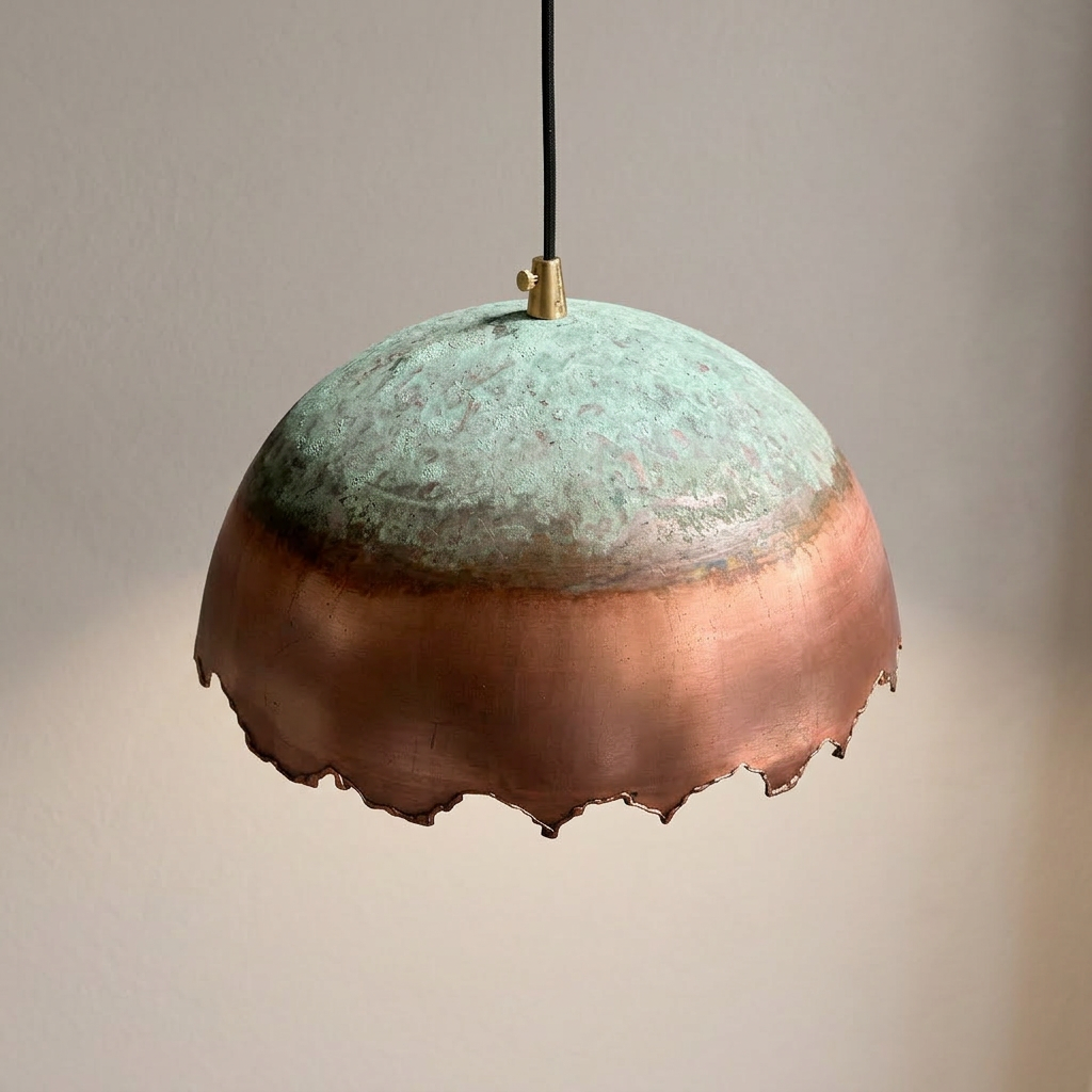 Green Patina Copper Dome Pendant Light - Handcrafted Artisan Lamp