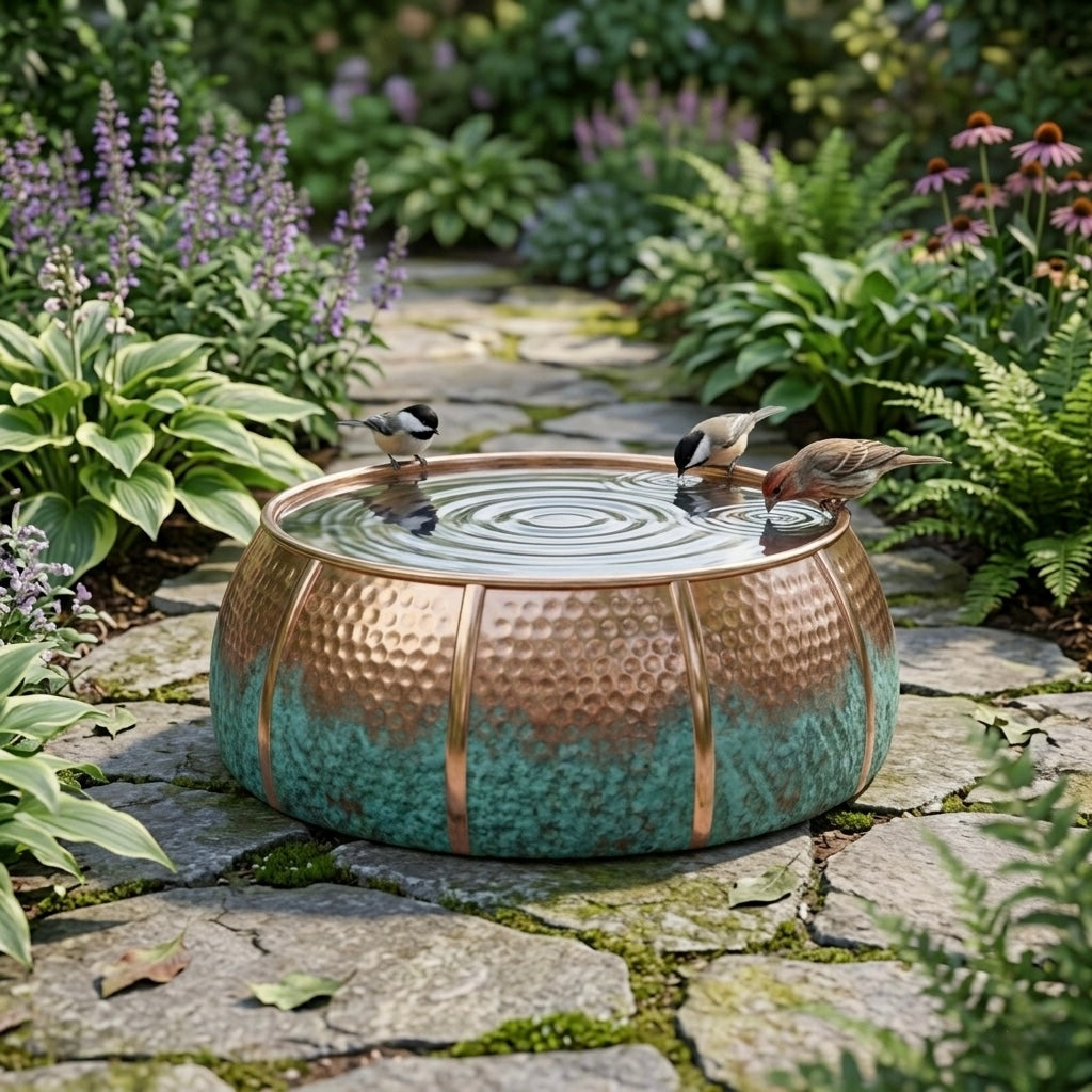 Authentic Handcrafted Moroccan Two-Tone Copper Bird Bath – Hammered Garden Basin