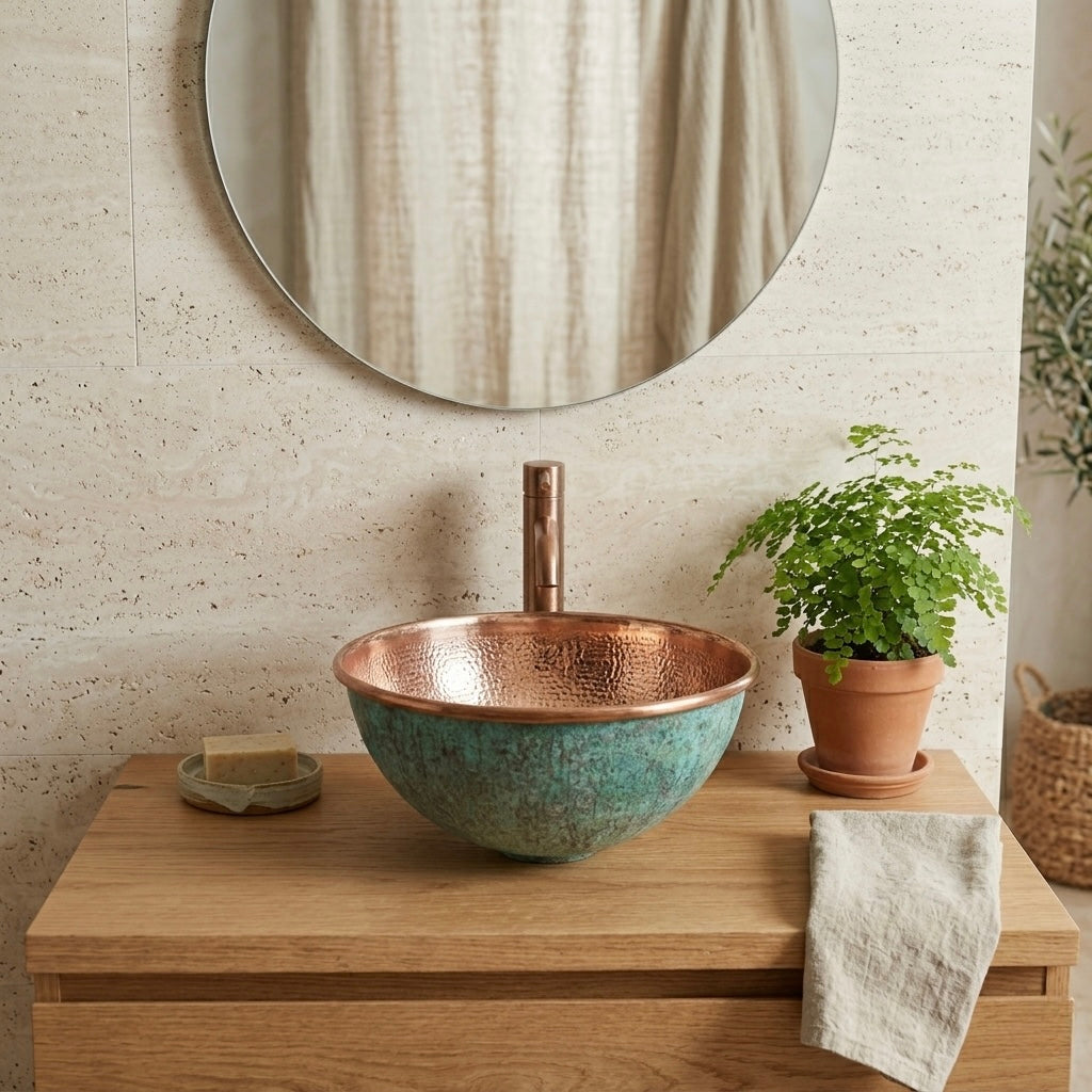 Handcrafted Verdigris Copper Vessel Sink – Authentic Moroccan Dual-Tone Bowl Basin