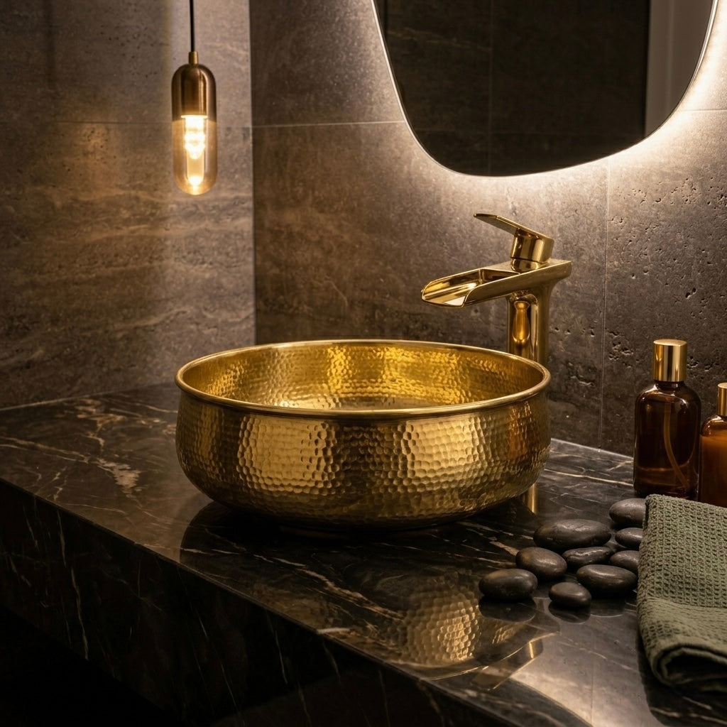 Handcrafted Hammered Brass Vessel Sink – Authentic Moroccan Polished Gold Washbasin
