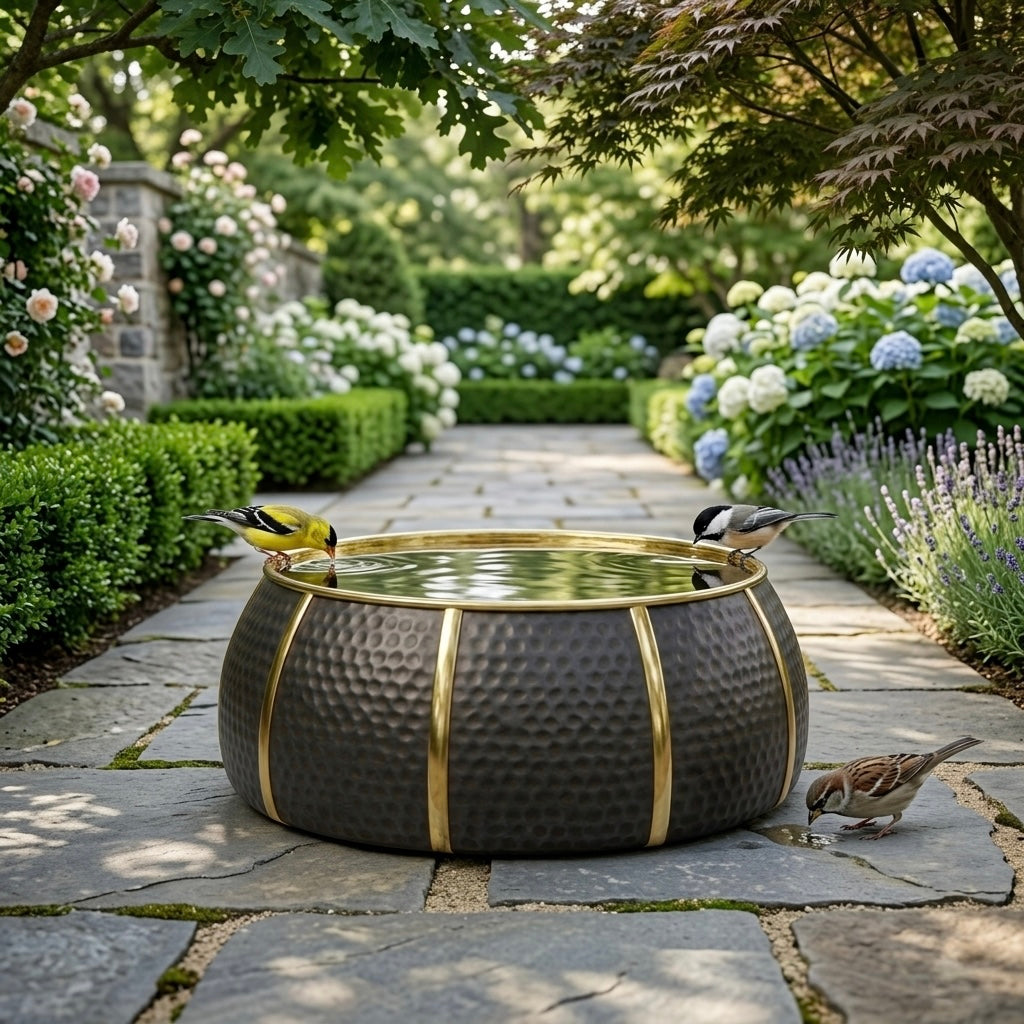 Handcrafted Moroccan Black & Gold Brass Bird Bath – Antique Hammered Garden Basin