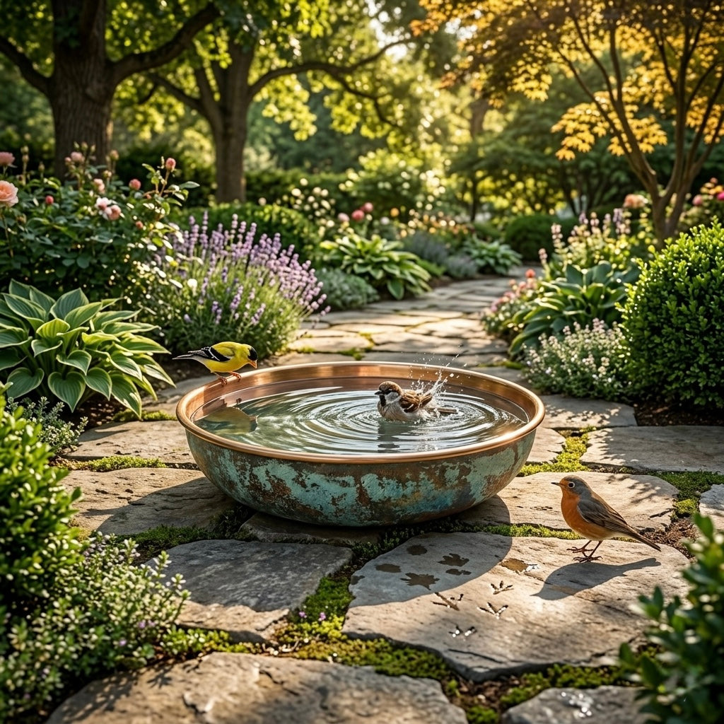 Handcrafted Verdigris Copper Bird Bath – Authentic Moroccan Garden Basin