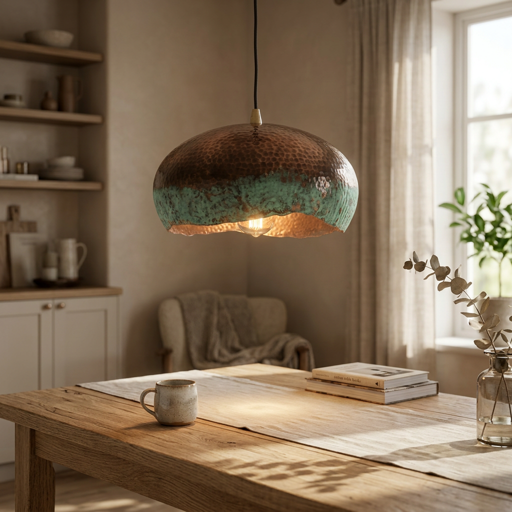 Hammered Copper Verdigris Pendant Light - Artisan Moroccan Lamp
