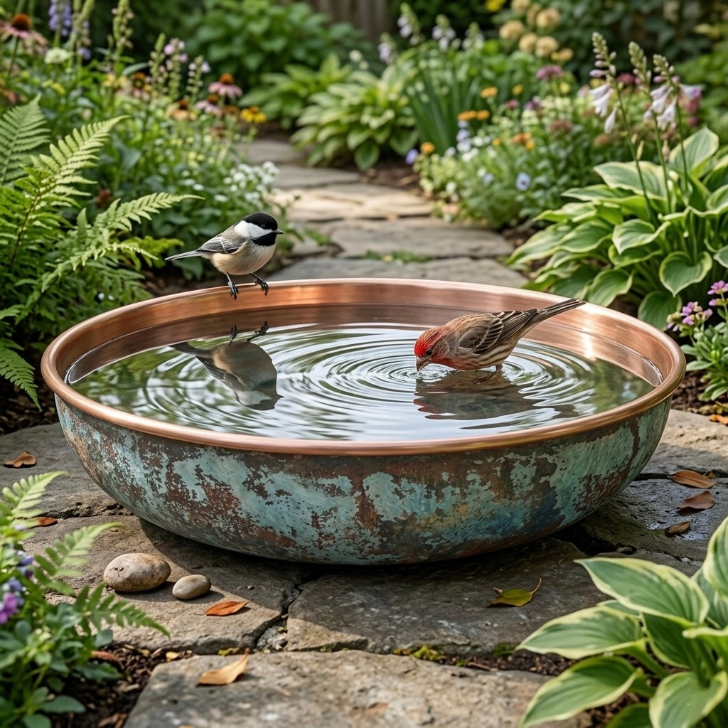 Handcrafted Verdigris Copper Bird Bath – Authentic Moroccan Garden Basin