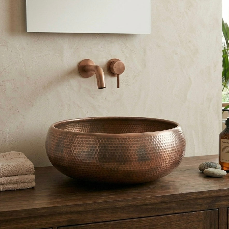 Handcrafted Hammered Copper Vessel Sink – Authentic Moroccan Antique Washbasin