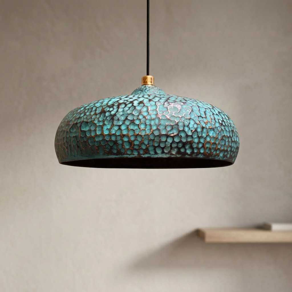 Blue Patina Brass Pendant Light - Hand Hammered Moroccan Dome