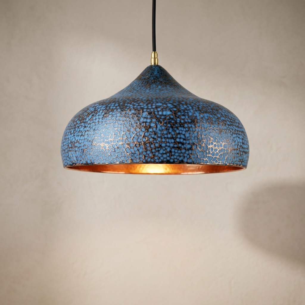 Blue Patina Copper Pendant Light - Handcrafted Moroccan Dome
