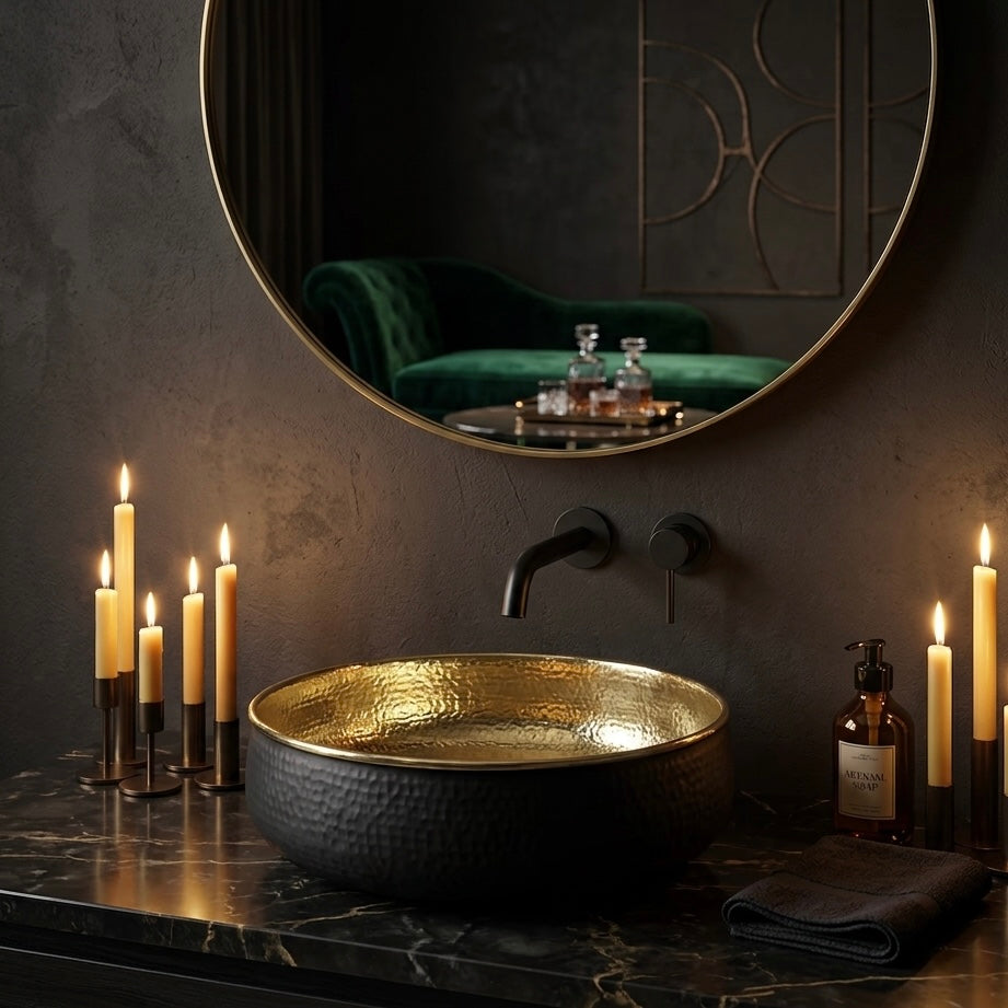 Handcrafted Hammered Brass Vessel Sink – Authentic Moroccan Dual-Tone Washbasin