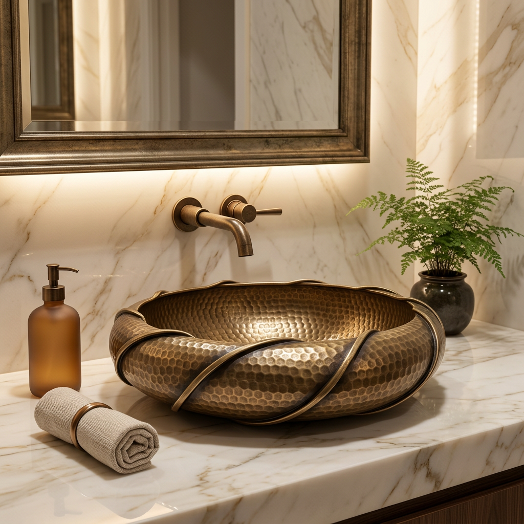 Handcrafted Braided Rim Brass Vessel Sink – Authentic Moroccan Antique Washbasin
