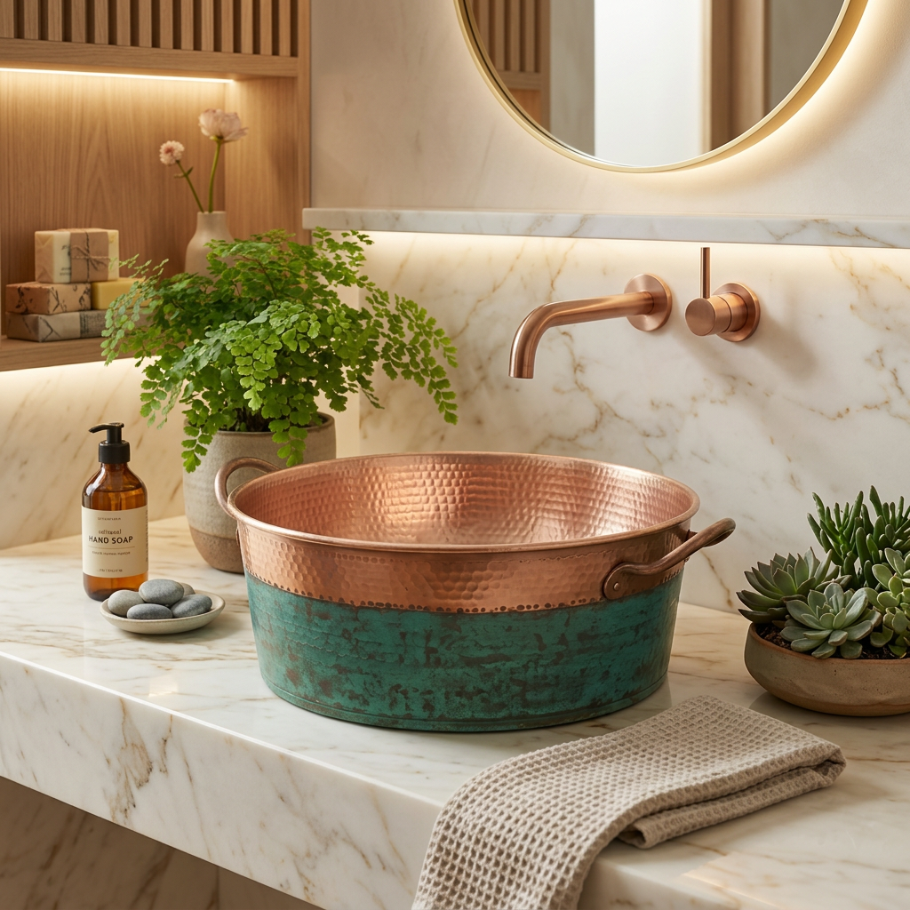 Handcrafted Copper Vessel Sink with Handles – Authentic Moroccan Verdigris Washbasin