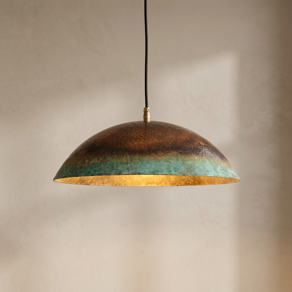 Hammered Copper Dome Pendant Light - Handcrafted Verdigris Lamp
