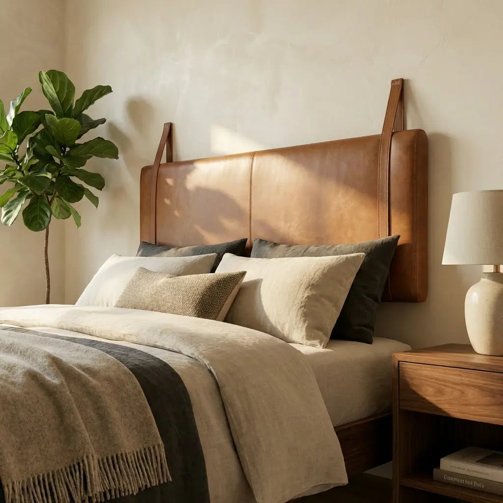 Wall-Mounted Moroccan Leather Headboard brown Handcrafted