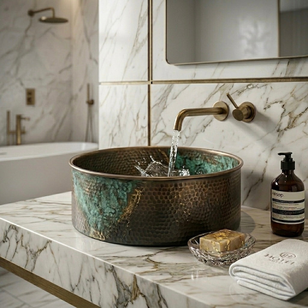Handcrafted Verdigris Splash Brass Vessel Sink – Authentic Moroccan Antique Washbasin