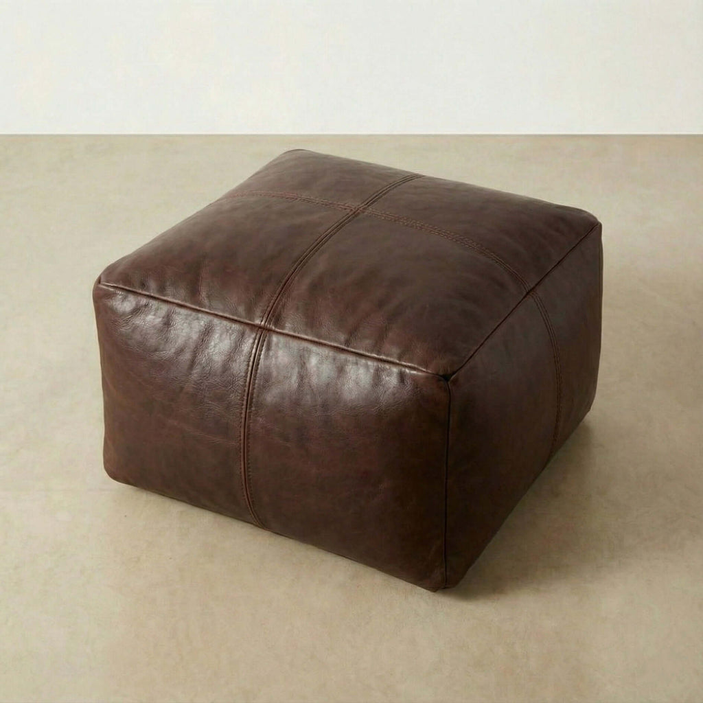 Moroccan Leather Pouf Brown - Authentic Handcrafted Morocco