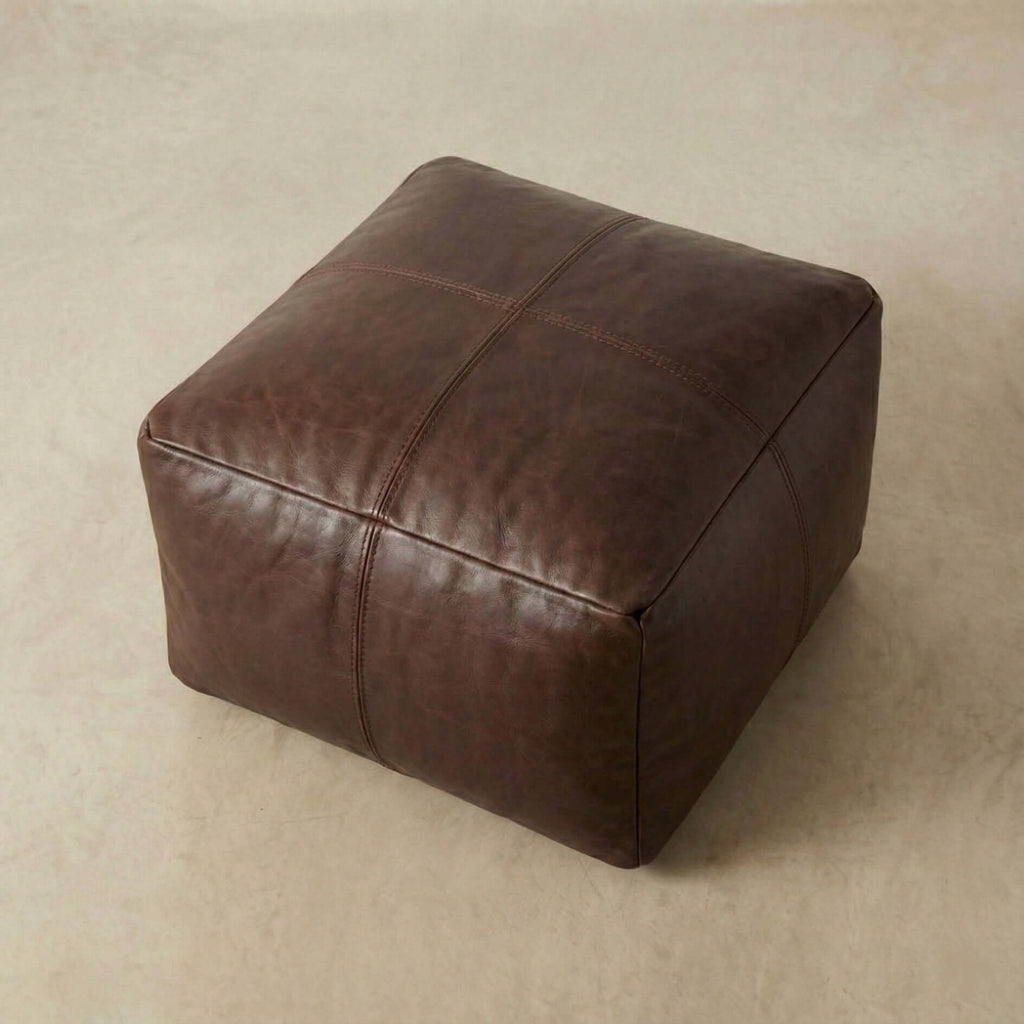 Moroccan Leather Pouf Brown - Authentic Handcrafted Morocco