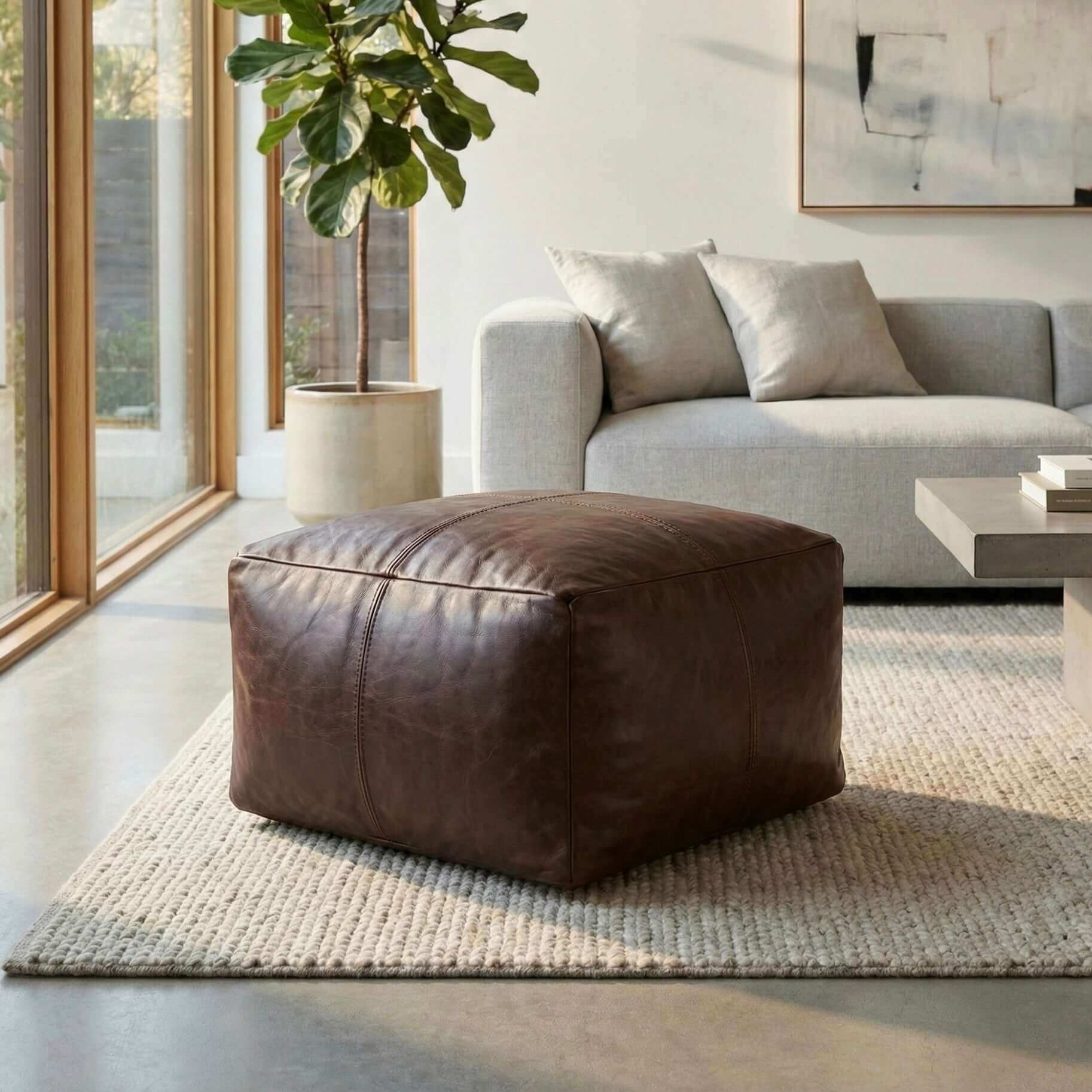 Moroccan Leather Pouf Brown - Authentic Handcrafted Morocco