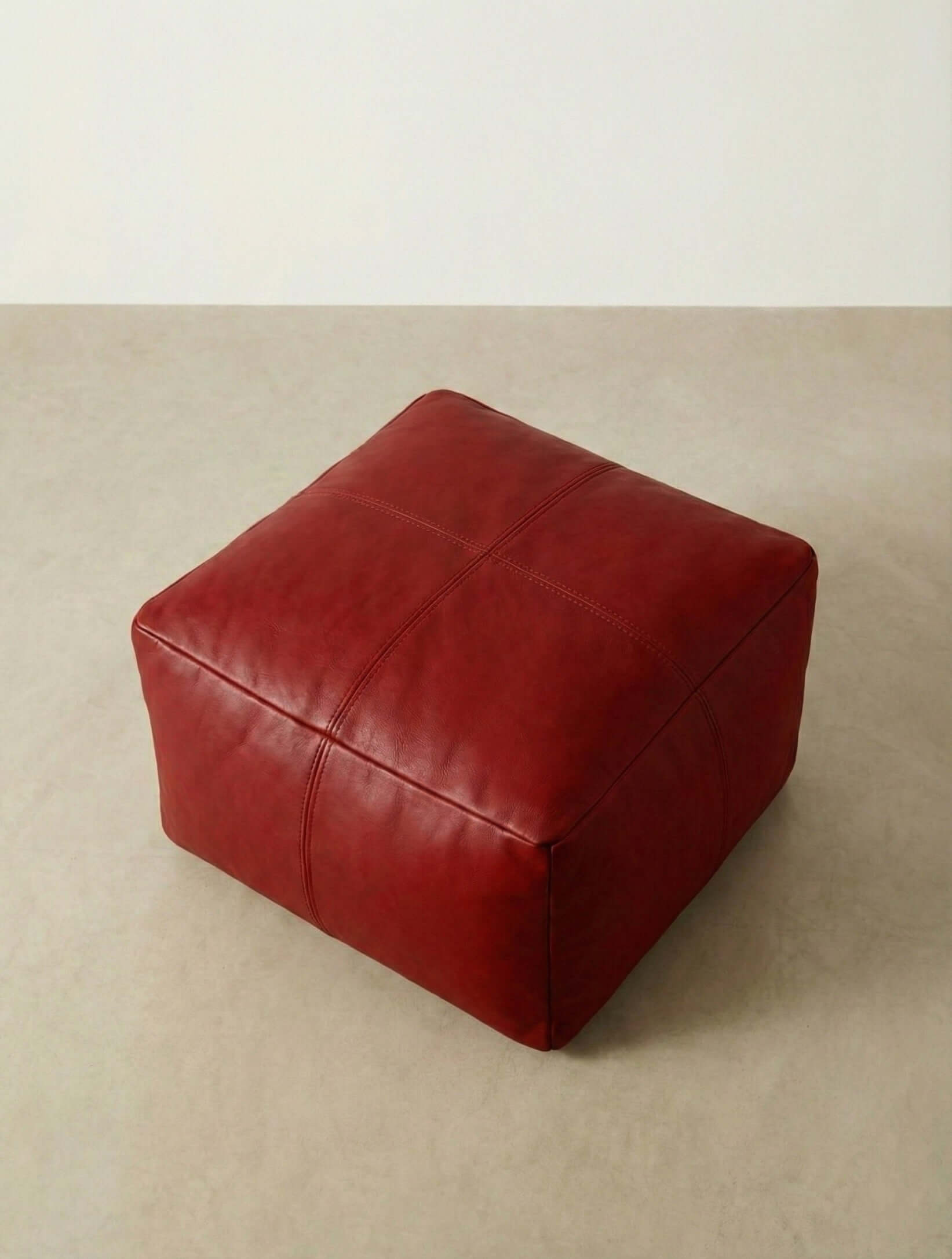 Moroccan Leather Pouf Red - Authentic Handcrafted Morocco
