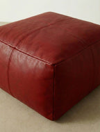 Moroccan Leather Pouf Red - Authentic Handcrafted Morocco