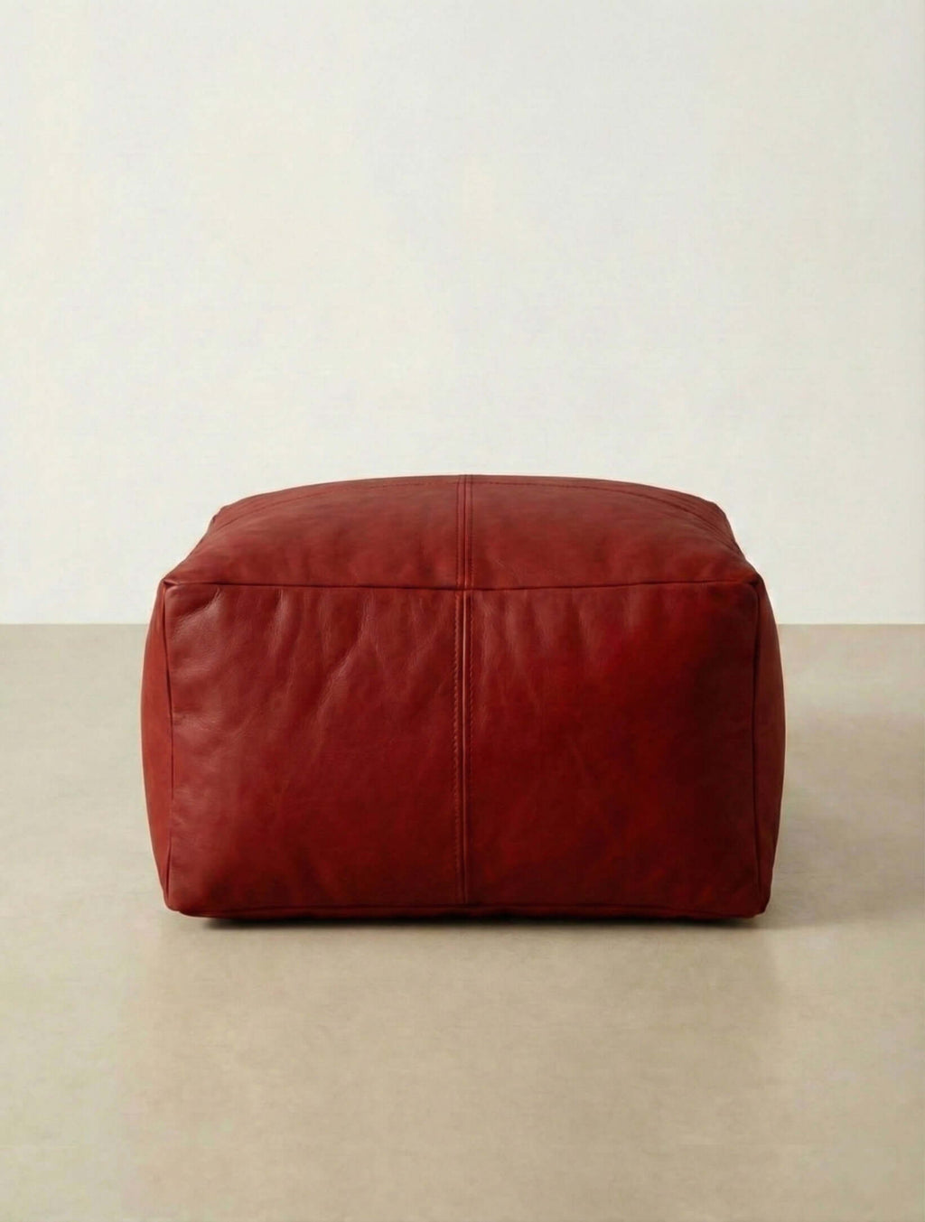 Moroccan Leather Pouf Red - Authentic Handcrafted Morocco
