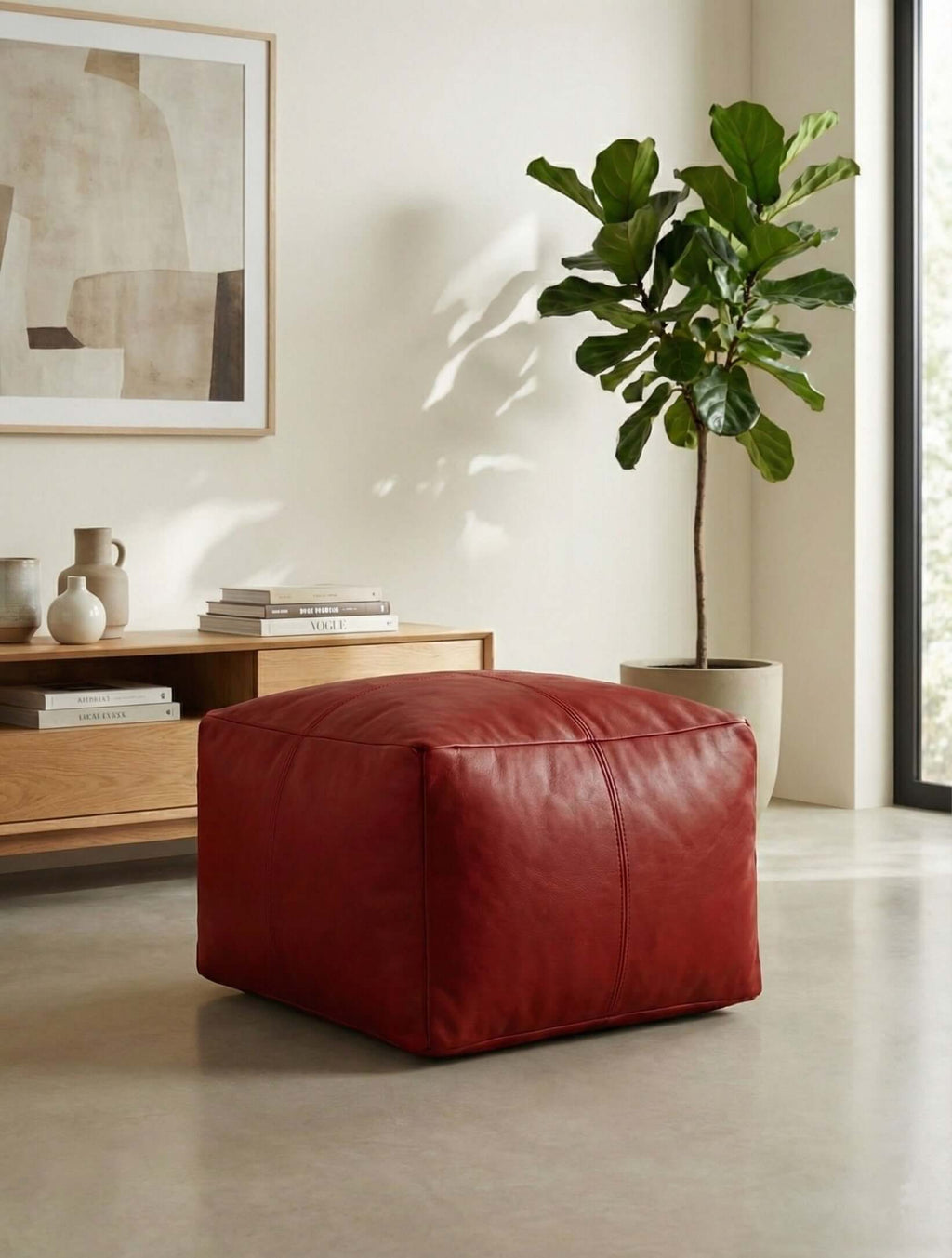 Moroccan Leather Pouf Red - Authentic Handcrafted Morocco