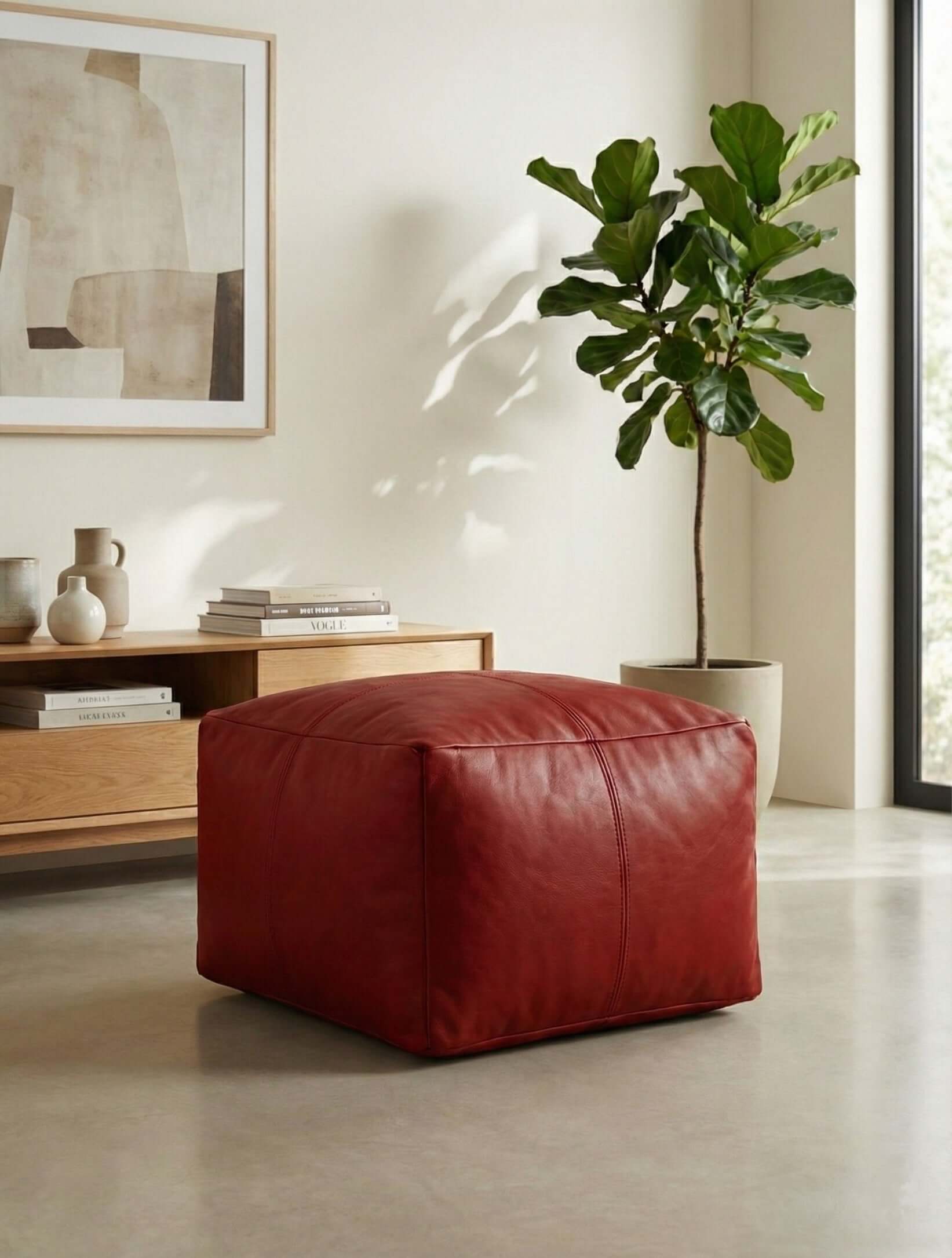 Moroccan Leather Pouf Red - Authentic Handcrafted Morocco