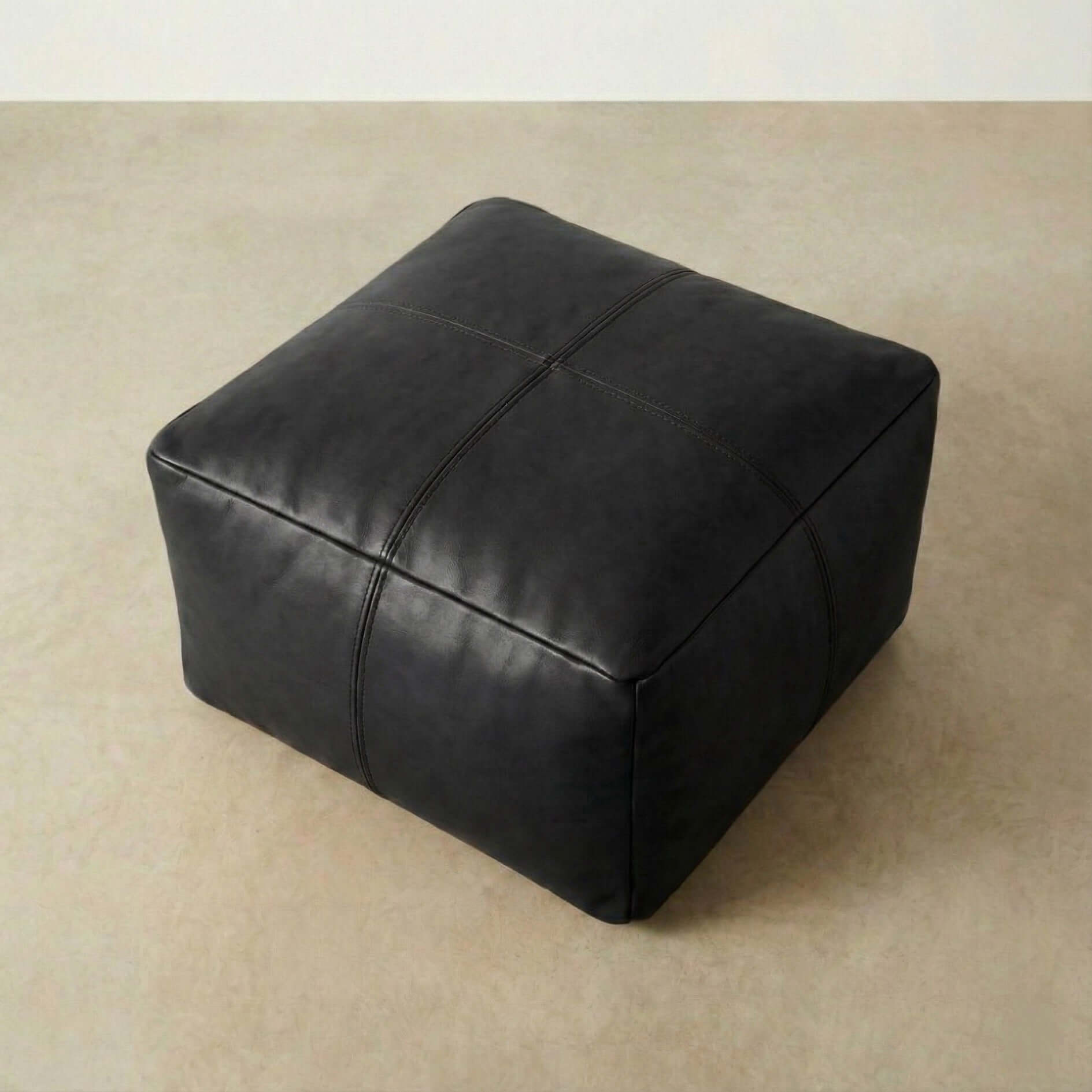 Moroccan Leather Pouf Black - Authentic Handcrafted Morocco