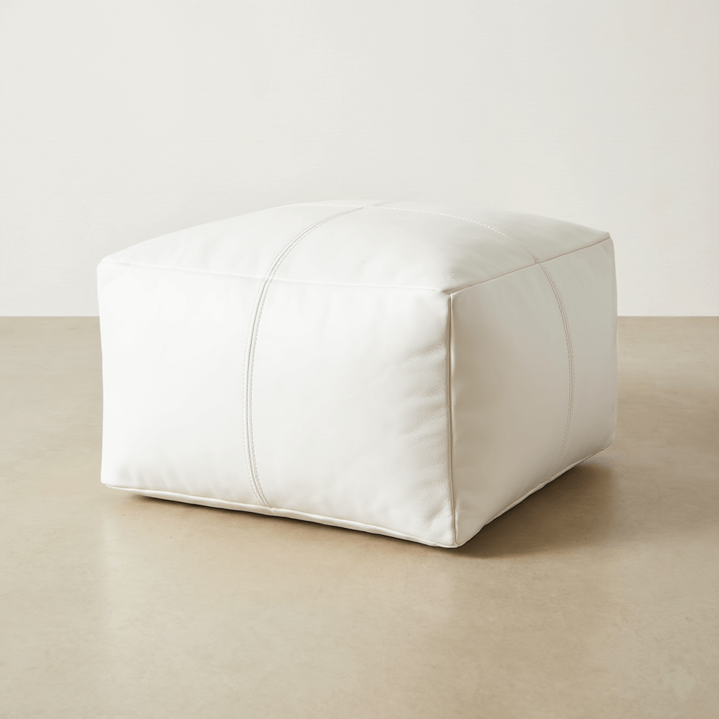 Moroccan Leather Pouf White - Authentic Handcrafted Morocco