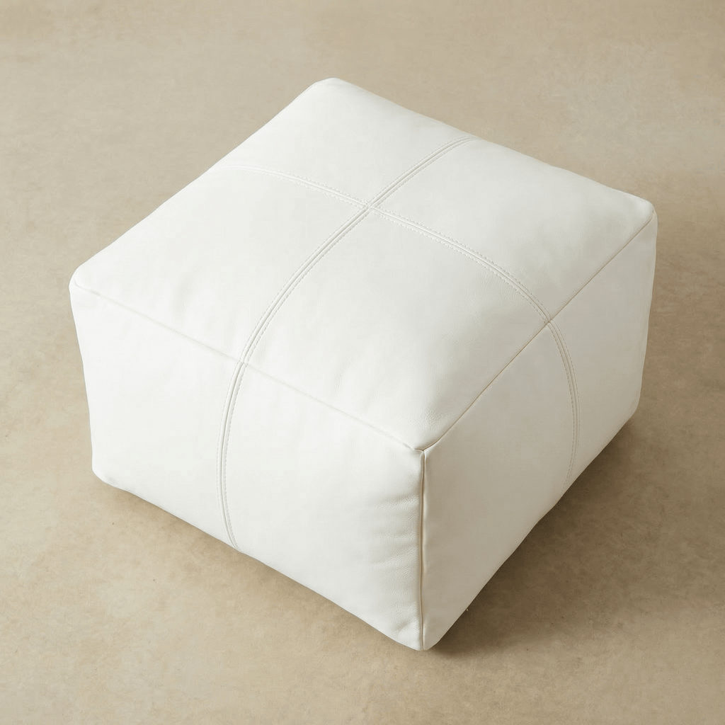 Moroccan Leather Pouf White - Authentic Handcrafted Morocco