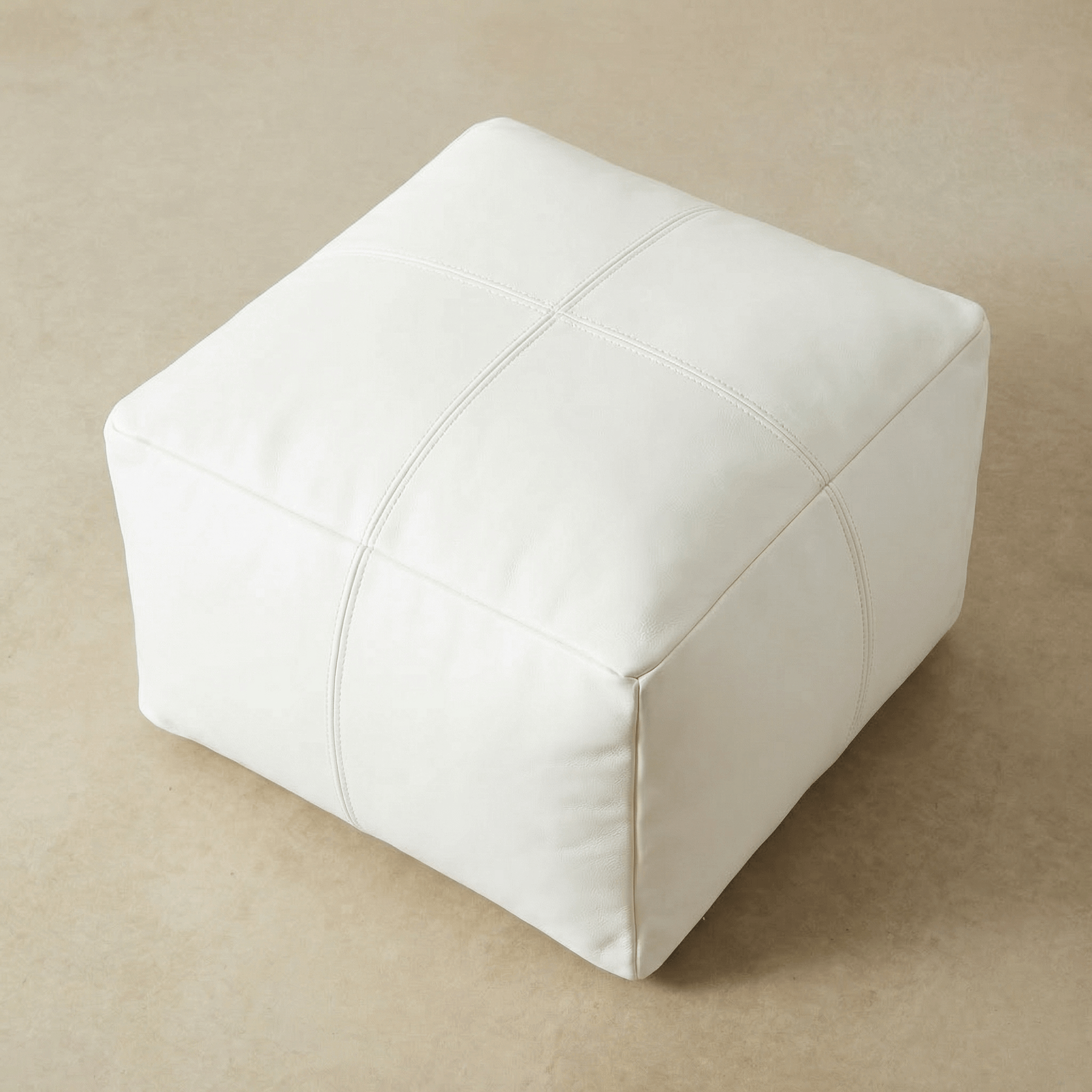 Moroccan Leather Pouf White - Authentic Handcrafted Morocco