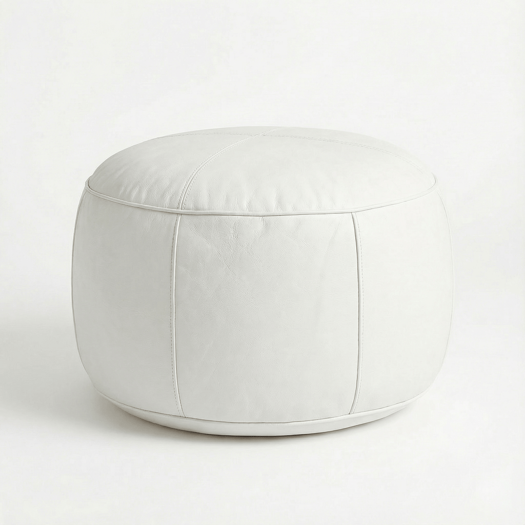 Moroccan Leather Pouf White - Authentic Handcrafted Morocco