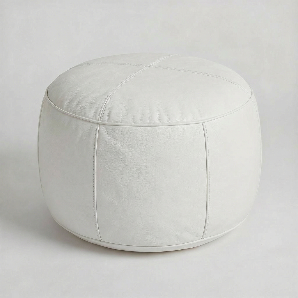 Moroccan Leather Pouf White - Authentic Handcrafted Morocco