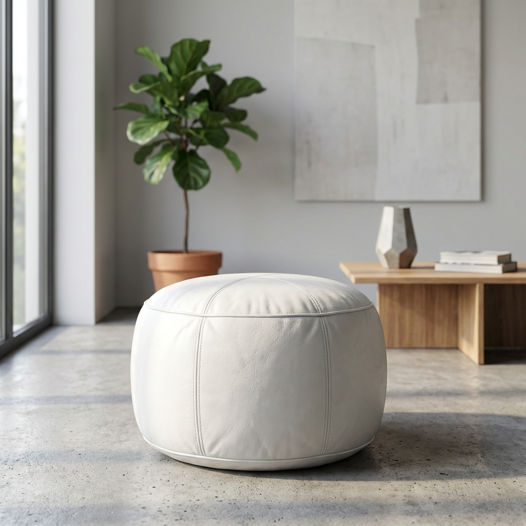 Moroccan Leather Pouf White - Authentic Handcrafted Morocco