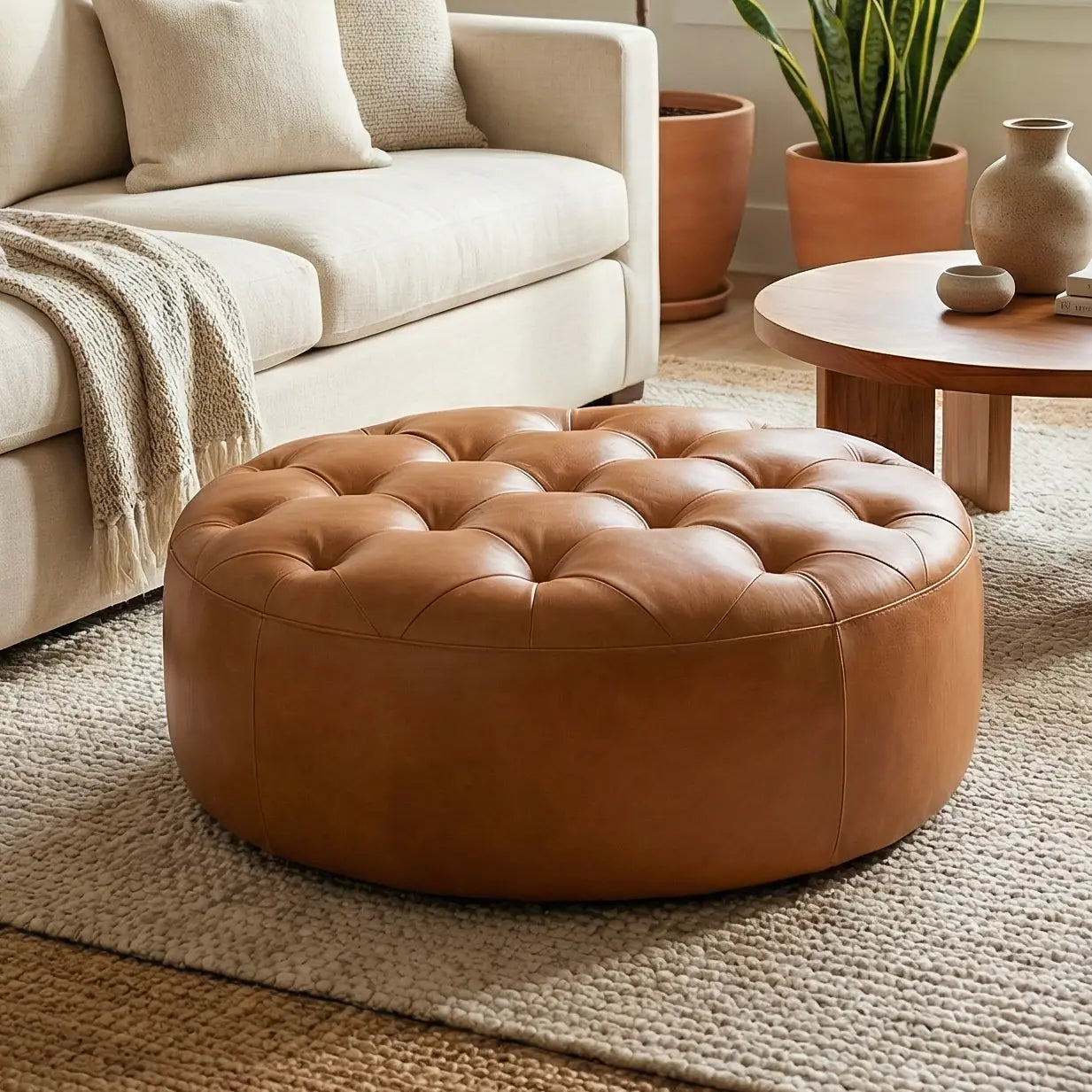 Moroccan Leather Pouf Tan leather ottoman in a living room setting with a beige sofa and plant.