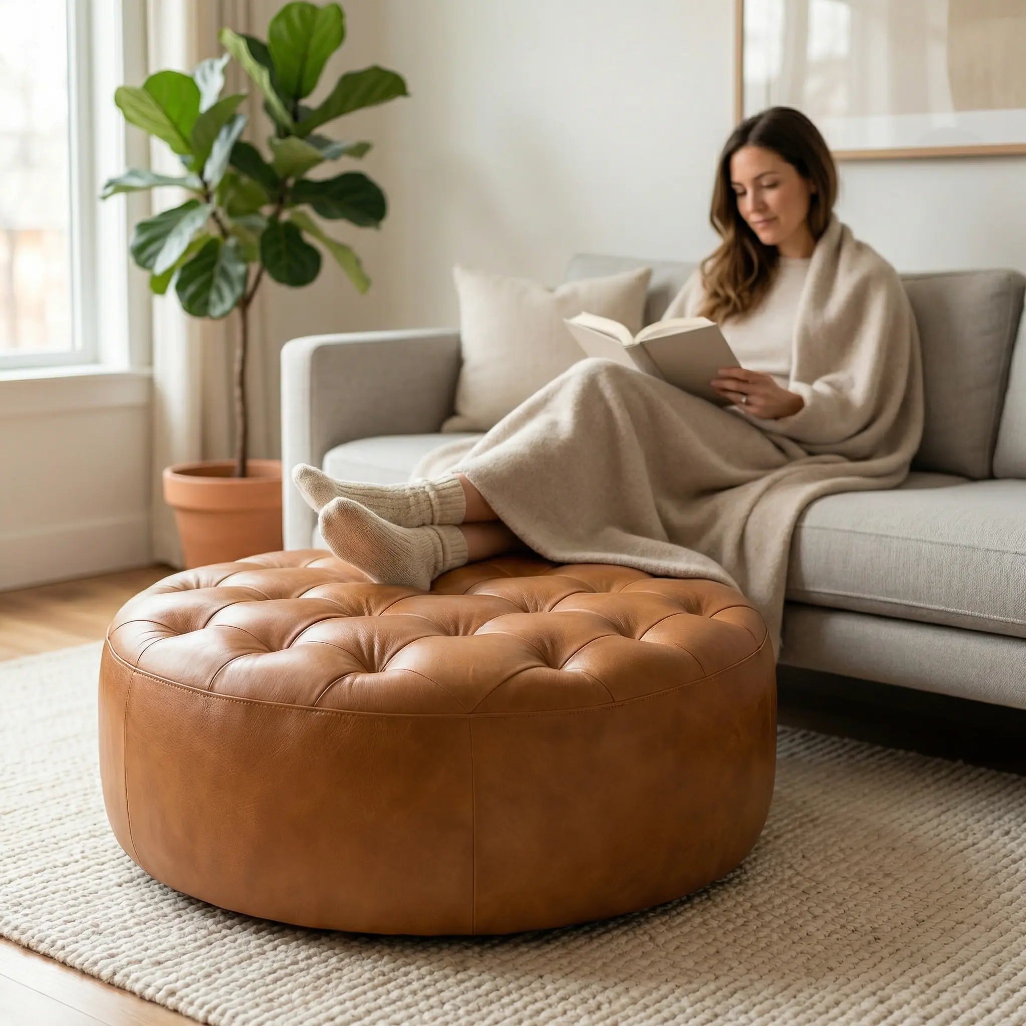 Moroccan Leather Pouf Tan leather ottoman in a living room setting with a beige sofa and plant.