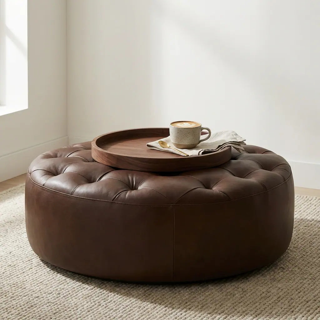 Moroccan Leather Pouf Dark Brown leather ottoman in a living room setting with a beige sofa and plant.