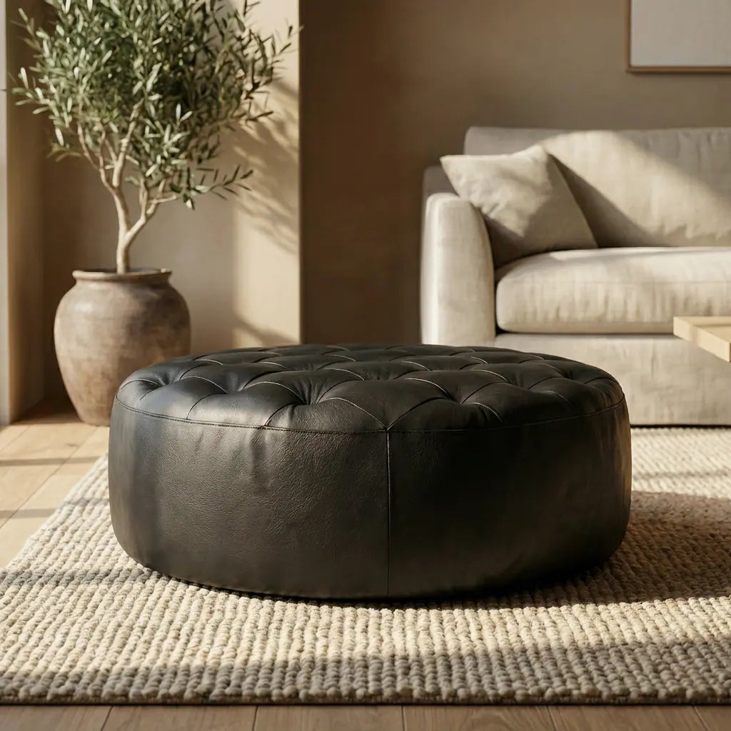 Moroccan Leather Pouf black leather ottoman in a living room setting with a beige sofa and plant.