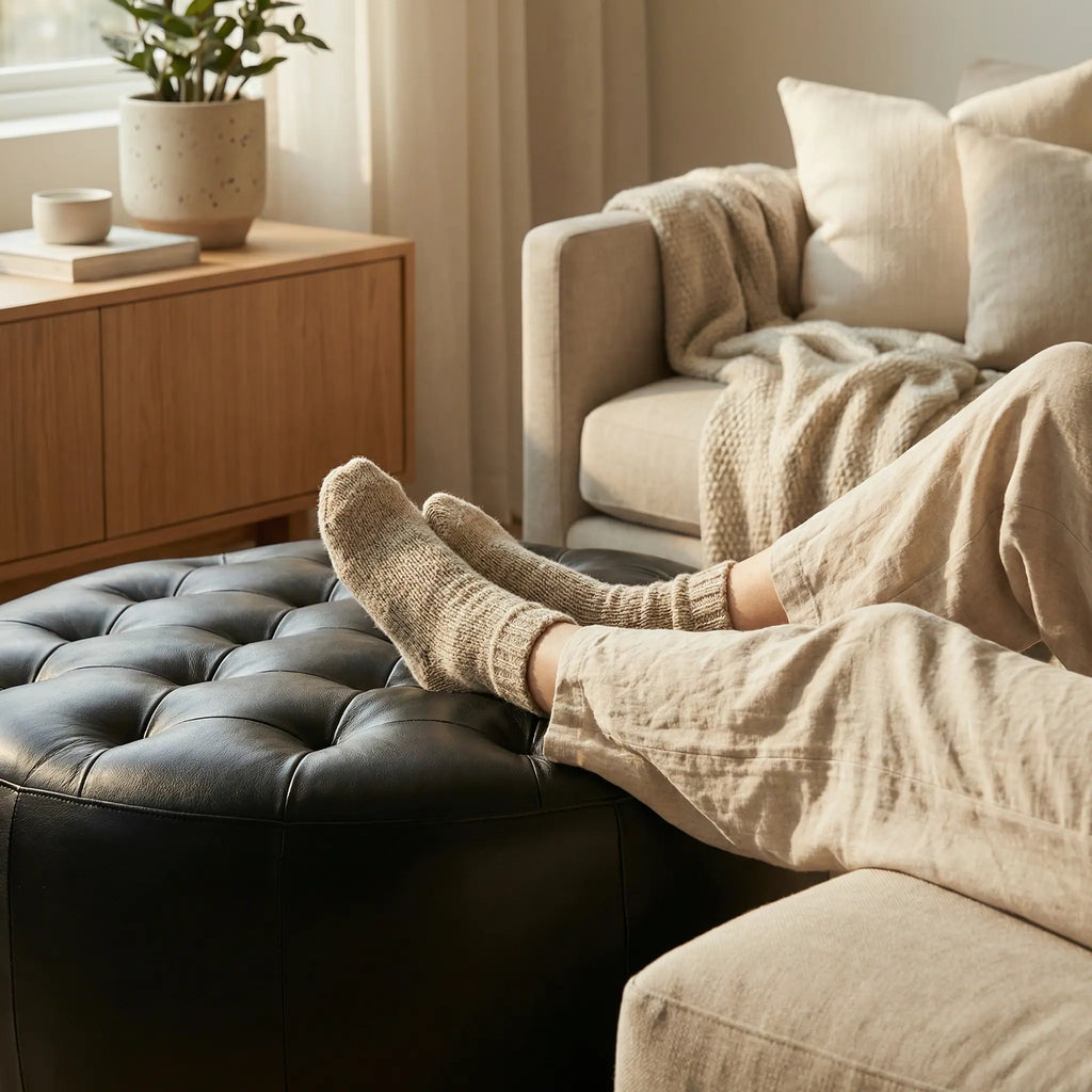 Moroccan Leather Pouf black leather ottoman in a living room setting with a beige sofa and plant.