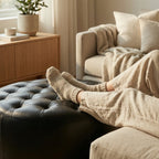 Moroccan Leather Pouf black leather ottoman in a living room setting with a beige sofa and plant.