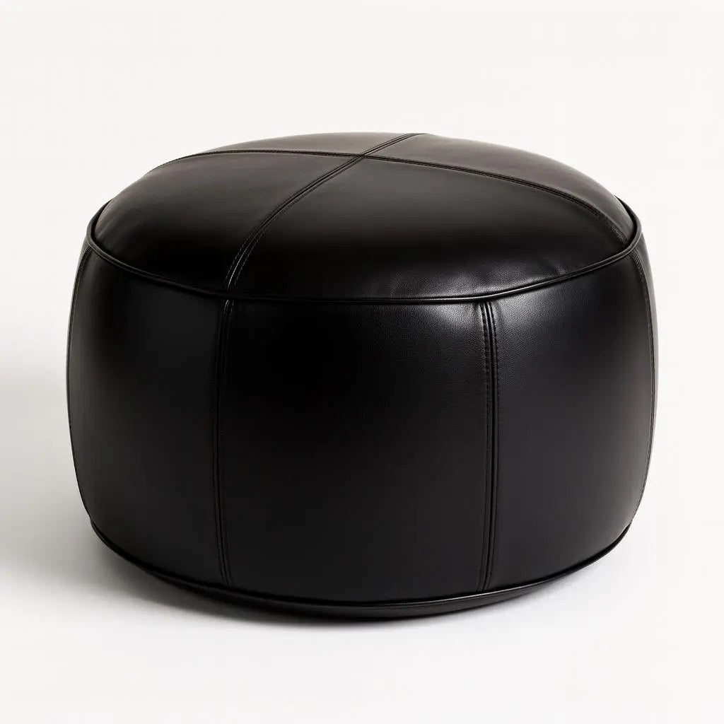 Moroccan Leather Pouf Black - Authentic Handcrafted Morocco