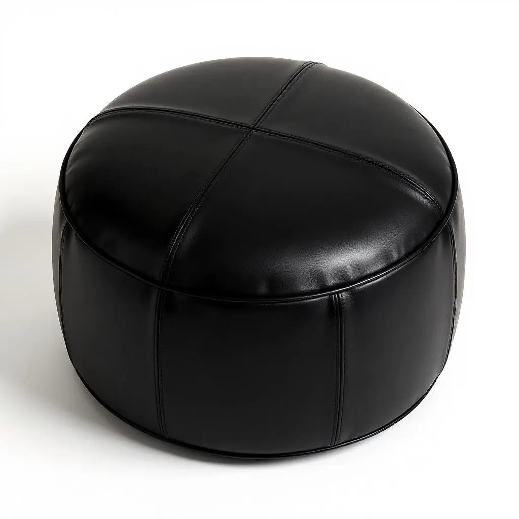 Moroccan Leather Pouf Black - Authentic Handcrafted Morocco