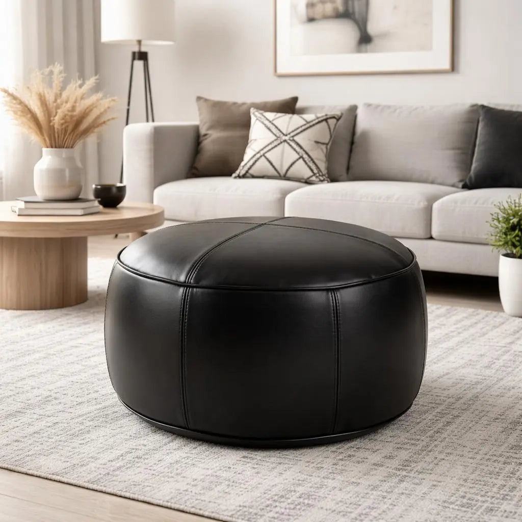 Moroccan Leather Pouf Black - Authentic Handcrafted Morocco