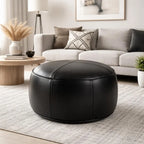 Moroccan Leather Pouf Black - Authentic Handcrafted Morocco