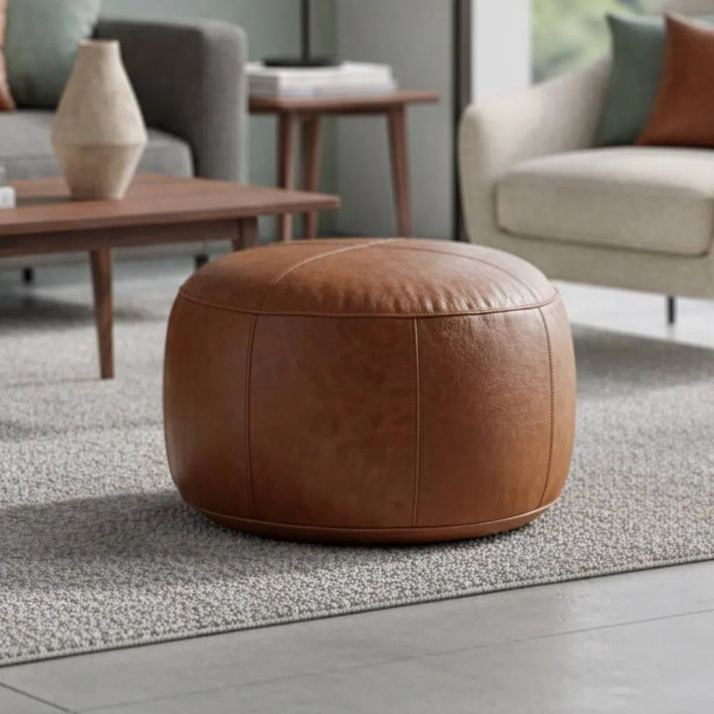 Moroccan Leather Pouf Brown - Authentic Handcrafted Morocco