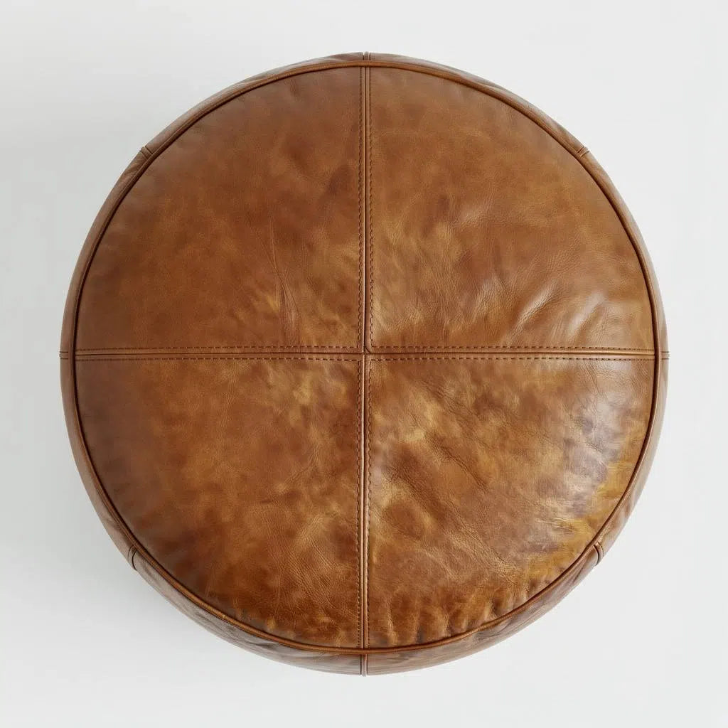 Moroccan Leather Pouf Brown - Authentic Handcrafted Morocco
